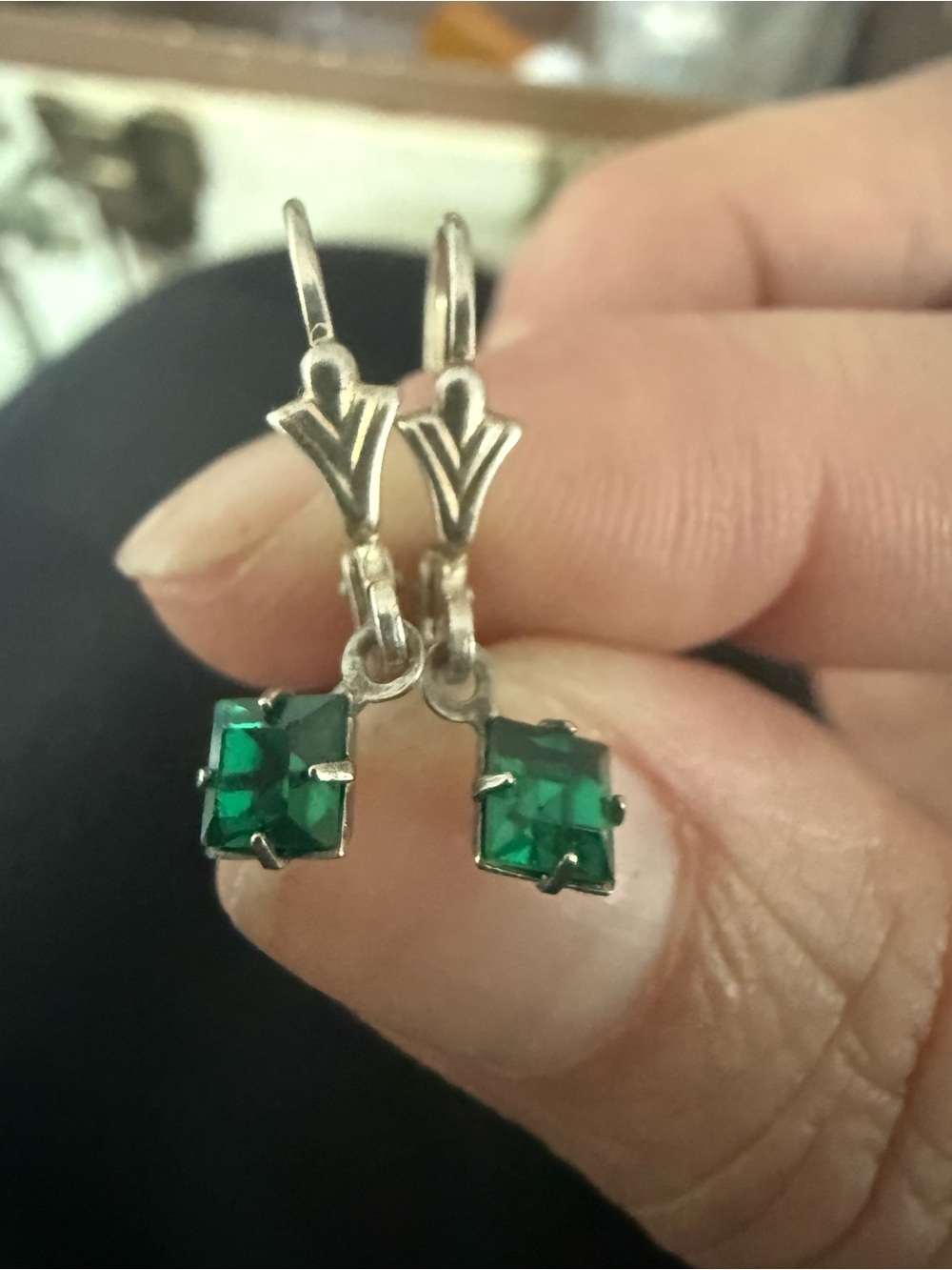 Gold Leverback Earrings with Emerald Green Square Stones